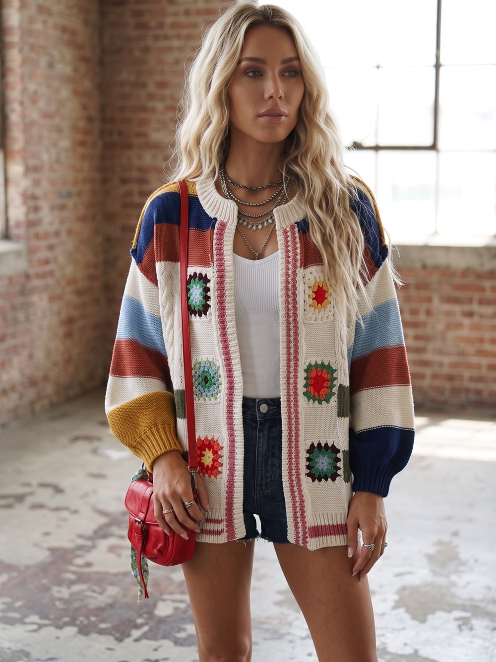 NWT POL Granny Tile Crochet Handmade Stripe Chenille Cardigan Sweater - Picture 5 of 16